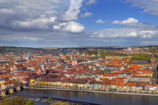 Panoramic view of historical center of Wurzburg from Marienberg Fortress Germany. Scenic old town cityscape under partly cloudy sky