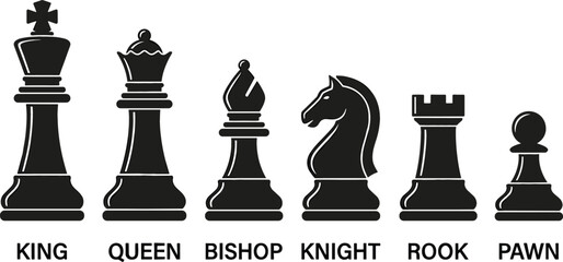Complete Chess Piece Vector Set Featuring King Queen Bishop Knight Rook and Pawn Icons for Strategy Games Competition and Business Success Concepts © mdferozhossain
