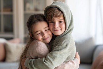 Fototapeta premium Twin siblings embrace warmly, eyes closed in contentment