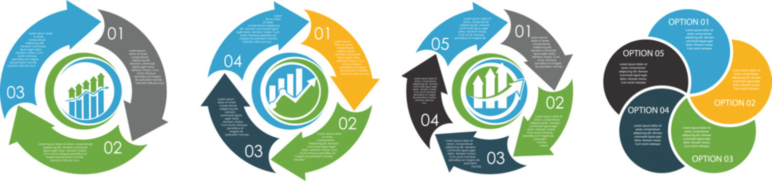 Circle arrows diagram with infographic vector set. Circular arrows. Circular arrows with 2-5 steps, options. Process chart, cycle diagram for business presentation, report, brochure. vector eps 10