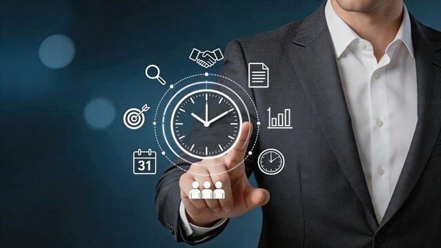 Businessman touching clock icon for time management concept, deadline scheduling, appointment booking, calendar organization, team meeting coordination, productivity tracking,