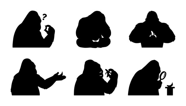 Gorilla Silhouette Icon Set: Pondering, Thinking, Observing, Gesturing, Vector Graphics for Wildlife and Primate Themes
