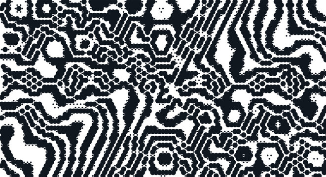 Abstract retro black and white circuit maze pattern. pixelated organic pathways, 8-bit digital tech lines, dark backdrop. for cyberpunk game ui, monochrome hacker banners. stock vector.