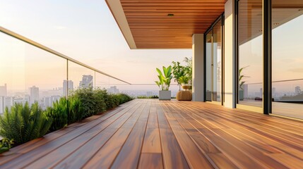 Naklejka premium Urban Oasis: Rooftop Terrace With City Skyline View