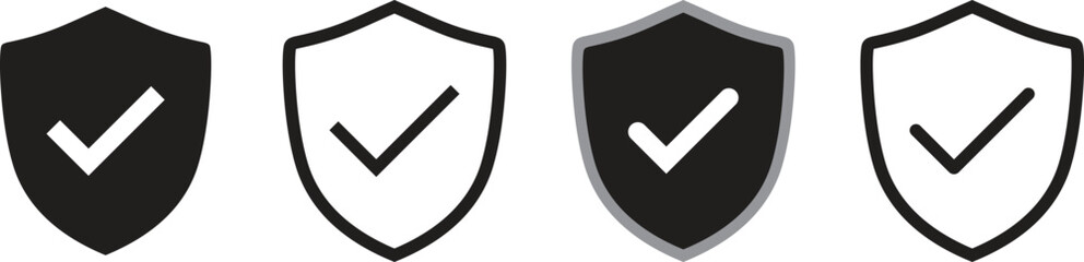 Hand drawn shield with checkmark icon set. Security Assurance, Protection, And Verification Outline Sketch. Cybersecurity And Trust Symbol. © aziz