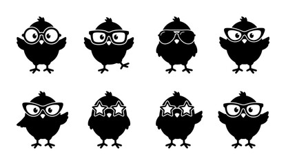 Cute Chick Silhouettes with Glasses, Vector Icons Set. Adorable Bird Characters, Fun Eyewear Styles for Kids and Animal Lovers. Black and White Graphic Elements. © Mohammad