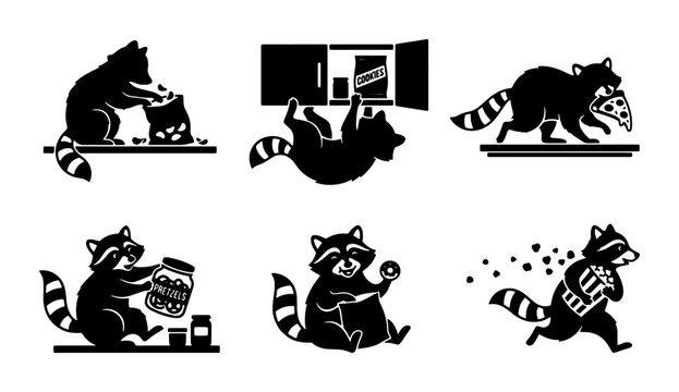 Playful Raccoon Silhouettes: 6 Vector Icons Depicting Mischievous Actions, Food Theft, and Family Moments, Ideal for Graphic Design and Children's Themes