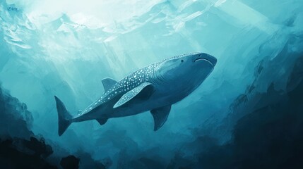 Naklejka premium Majestic Whale Shark Underwater, icy mountains in background