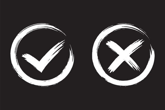 Grunge vector checkmark and cross. Grunge green check mark and red cross mark icon set. brush correct or incorrect sign with circle