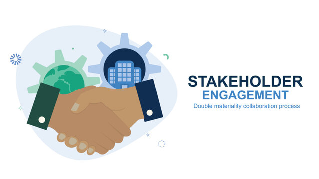 Stakeholder Engagement Double Materiality Collaboration Concept. banner representing collaboration in the double materiality and ESG reporting process. CSRD concept. Vector illustration