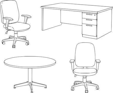 Office furniture collection: desk, swivel chairs, and round table line