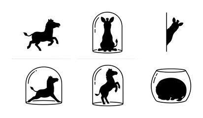 Black Silhouette Animal Icons Set, Zoo Creatures in Glass Domes, Wildlife Vector Graphics, Playful Horse, Giraffe, Hedgehog, Peeking Zebra © Sharmin