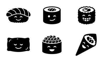 Cute Sushi Icons Set, Kawaii Japanese Food Vector Graphics, Adorable Nigiri, Maki, Gunkan, Temaki Characters for Asian Cuisine Design © Sharmin