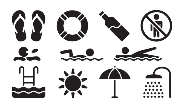 Pool safety and swimming activity icons with warning signs and aquatic recreation symbols.