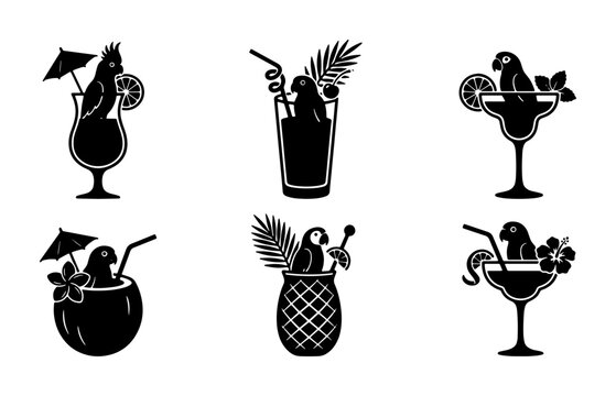 Tropical Cocktails with Parrots, 6 Vector Icons Set, Summer Drinks, Exotic Beverages, Party Refreshments, Holiday Refreshers