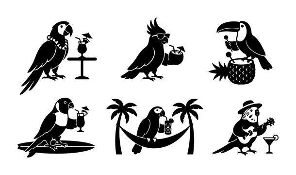 Tropical Bird Icons Set, Exotic Parrot Cocktails, Summer Vacation Vector Graphics, Fun Beach Party Illustrations