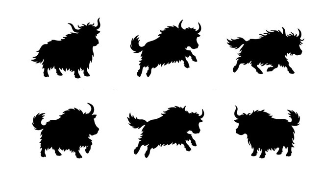 Yak Silhouettes Vector Set: Dynamic Poses of Wild Cattle, Black Animal Icons for Nature and Wildlife Graphics