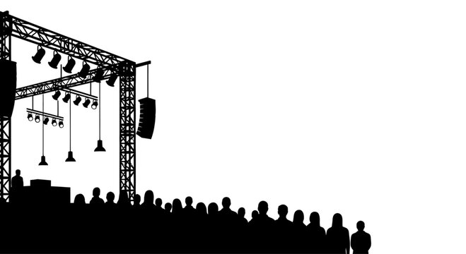 Silhouette of a concert stage with lighting truss and a crowd of people.