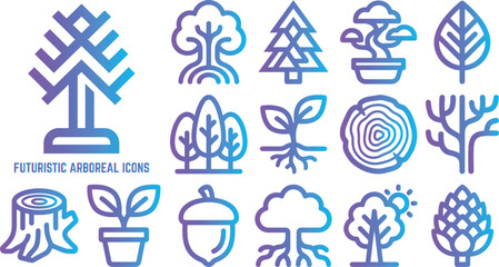 Futuristic arboreal icons collection with gradient colors representing nature and plants. © Kamalbd