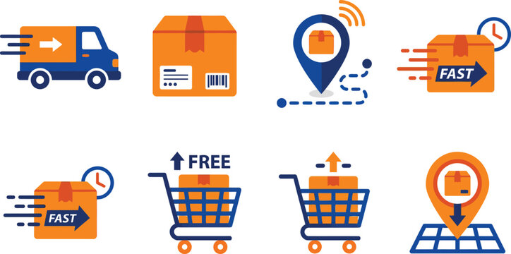 Modern e-commerce delivery icons set featuring shipping boxes, delivery trucks, and tracking location markers