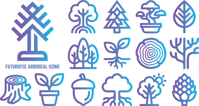 Futuristic arboreal icons collection with gradient colors representing nature and plants.