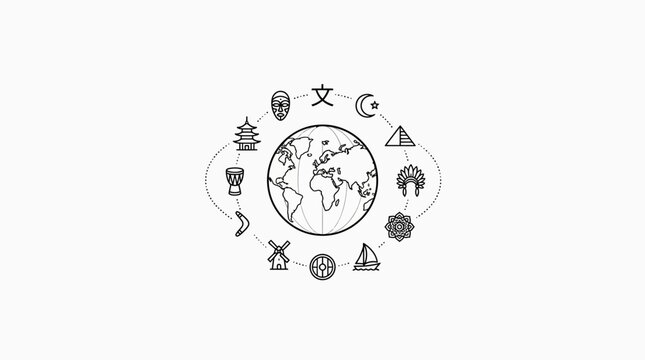Global cultural icons illustration with world map and international landmarks.