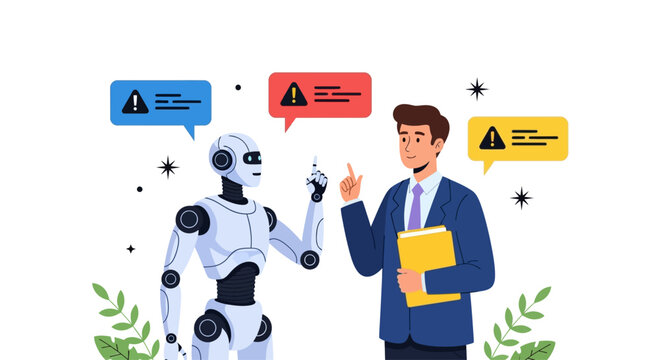 A business professional interacting with a futuristic humanoid robot.