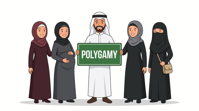 Middle Eastern Man With Four Wives Holding A Polygamy Sign.