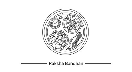 Fototapeta premium Minimalist line art illustration of a Raksha Bandhan thali with rakhi and sweets.