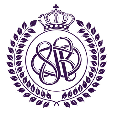 Elegant monogram logo with crown and laurel wreath in purple line art
