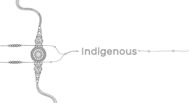 Minimalist indigenous line art graphic illustration with decorative circular emblem and text.