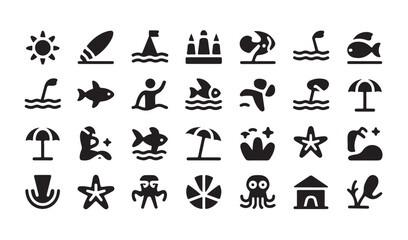 Underwater and shore life icons set with octopus and coral reef elements for kids design. © Md