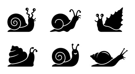 Set of Six Black Silhouette Snail Icons, Vector Graphics for Nature and Wildlife Designs, Gastropod Mollusk Illustrations © Arpita