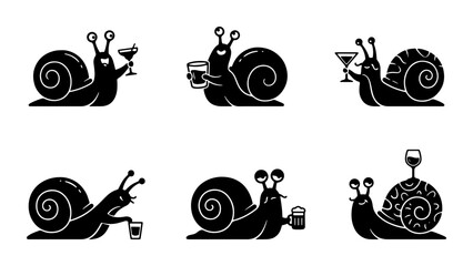 Whimsical Snail Characters Enjoying Drinks, Set of 6 Black Vector Icons for Party and Celebration Themes © Arpita