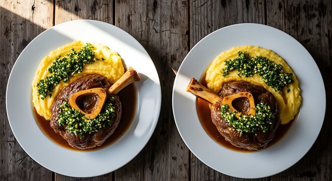 Two plates of delicious osso buco with creamy polenta and fresh green herbs on rustic wooden table. veal osso bucco