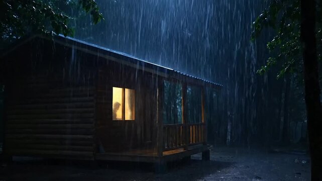 Heavy Rain Falling on a Secluded Wooden Cabin at Night with Warm Light from Window.