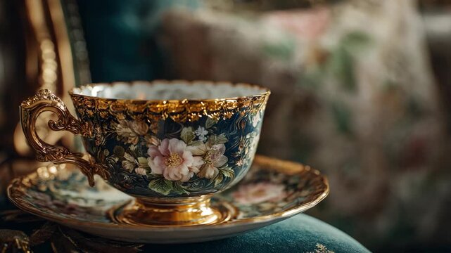 Ornate floral tea cup and saucer on velvet fabric