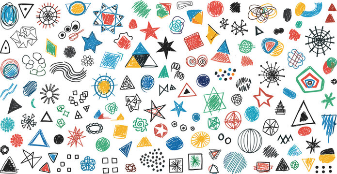 Hand-Drawn Colorful Abstract Shapes Vector Set Featuring Circles, Triangles, Stars, Squares, Spirals, and Scribbles for Creative and Decorative Designs