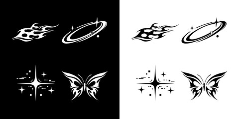 Saturn planet and butterfly glyph icon set for dreamy Y2K cosmic aesthetic fashion and celestial design © iconistic