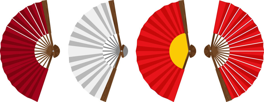 Traditional Asian Hand Fan Vector Set Featuring Red White and Decorated Folding Fans for Japanese Chinese Culture Martial Arts Dance and Decoration