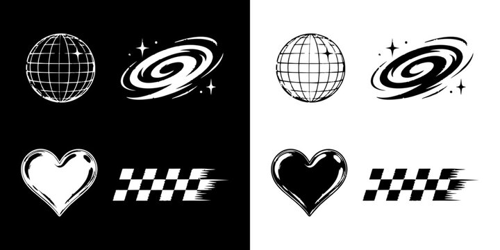 Galaxy heart and checkerboard glyph icon set for retro futuristic Y2K fashion and cosmic graphic design