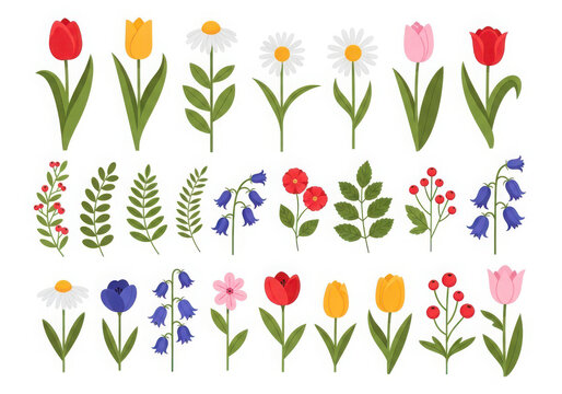 Set of colorful pixel art flowers and plants for game design