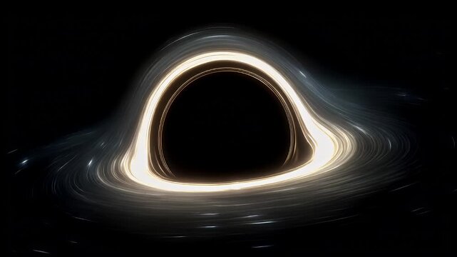 Black hole, fantasy, mysterious. A digital artwork depicts a swirling vortex of light and shadow against a dark background. The vortex is illuminated by a warm, golden light at the center.
