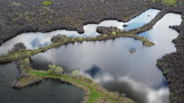 Aerial top down view of a series of interconnected ponds and lakes in a spring forest, cinematic drone flight over blue water with sky reflections and green islands, scenic wetland landscape from a hi