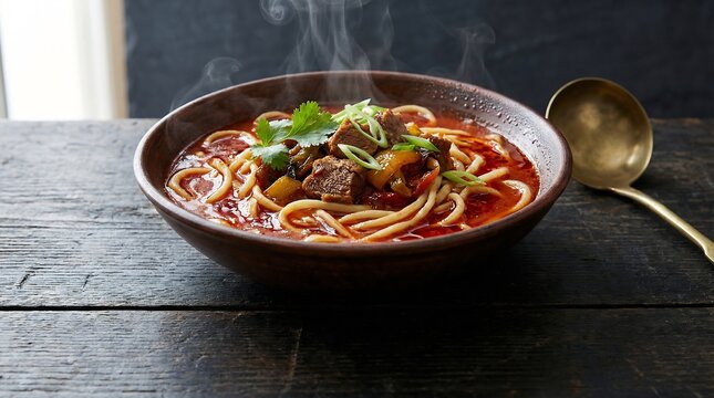 Uzbek Lagman Noodle Soup in Red Broth
