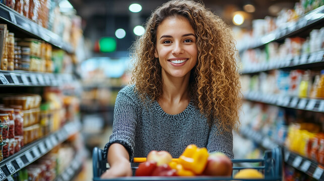 Smiling woman shopping in a supermarket