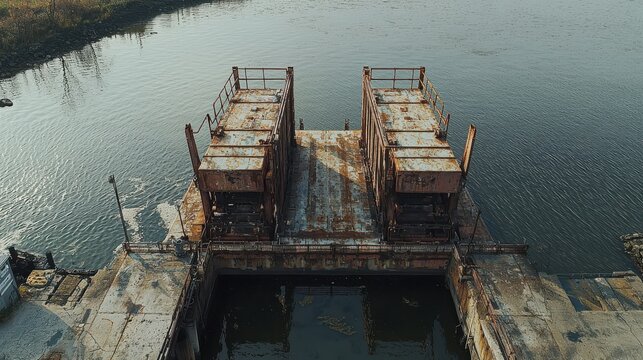 Vintage American bascule bridge counterweights aerial view showing weathered steel framework and concrete blocks over waterway infrastructure