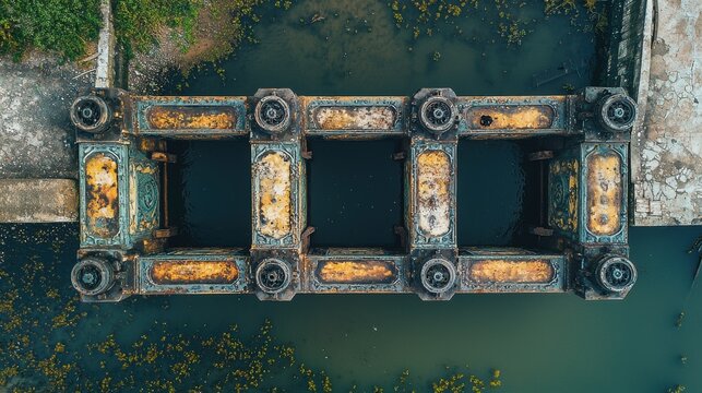 Historic bascule bridge counterweights aerial view weathered cast iron housing ornate decorative metalwork structural engineering water background