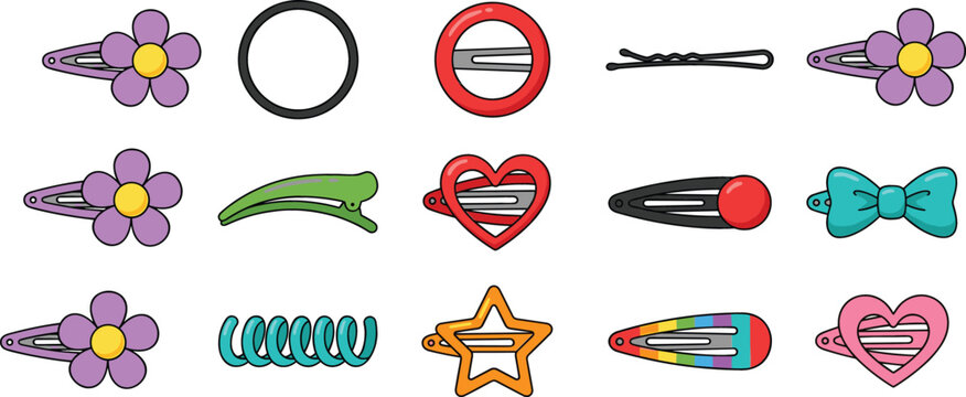Cute Colorful Hair Clip Collection Vector Illustration Featuring Floral Barrettes Hearts Bows Stars and Fashion Hair Accessories