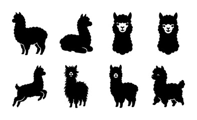 Black Alpaca Silhouettes, Cute Llama Vector Icons, Farm Animal Poses, South American Camelid Graphics, Set of 8 Distinctive Illustrations © Sharmin